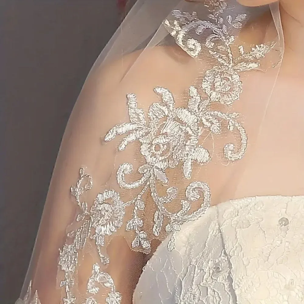 Floral Lace Edge Elbow Bridal Wedding Veil With Comb Ivory Veil White Veil